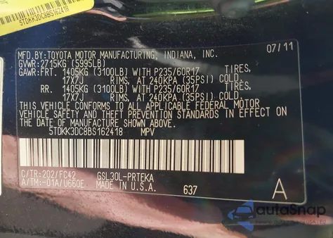 2011 Toyota Sienna Le V6 z USA, uszkodzony, nr VIN 5TDKK3DC8BS162418